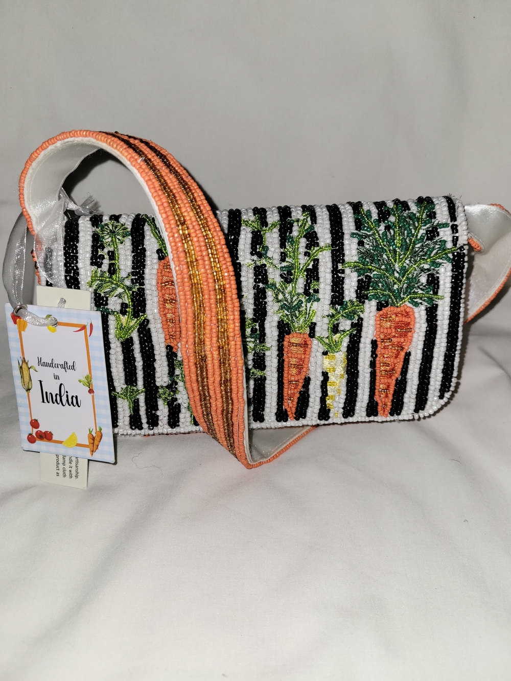 Handcrafted Carrot Beaded Shoulder Bag - Orange/Black/Green
